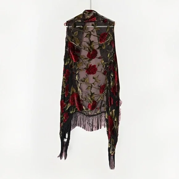 Sheer Velvet Burnout Floral Fringe Kimono Duster Black Whimsigoth Festival - Picture 4 of 6